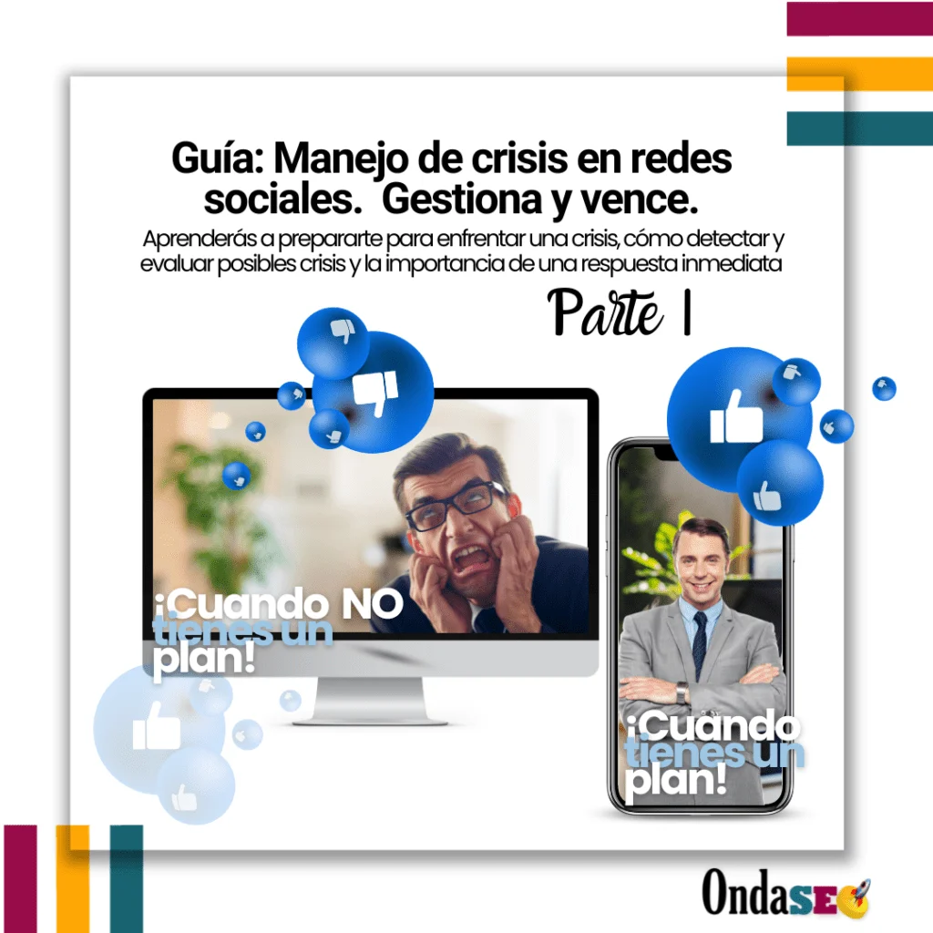 Dispositivos con fotos de hombre uno sin plan para crisis y otro confiado con un plan de crisis para redes sociales