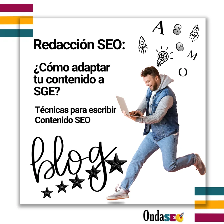 Muestra un chico aprendiendo redacción SEO con muchas ideas para un blog 5 estrellas. Se lee la pregunta ¿Cómo redactar contenido SEO?
