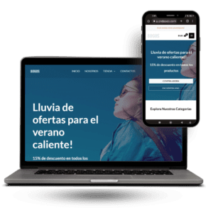 Muestra una tienda en línea con diseño que se adapta a todos los dispositivos