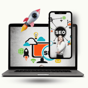 Muestra dispositivos con imágenes referentes a técnicas SEO y redes sociales en Vzla