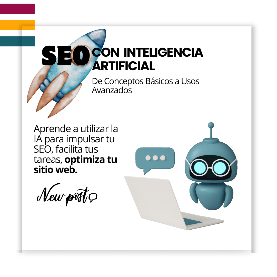 Muestra Titulo SEO con IA acompañado de ilustración de robot con una laptop